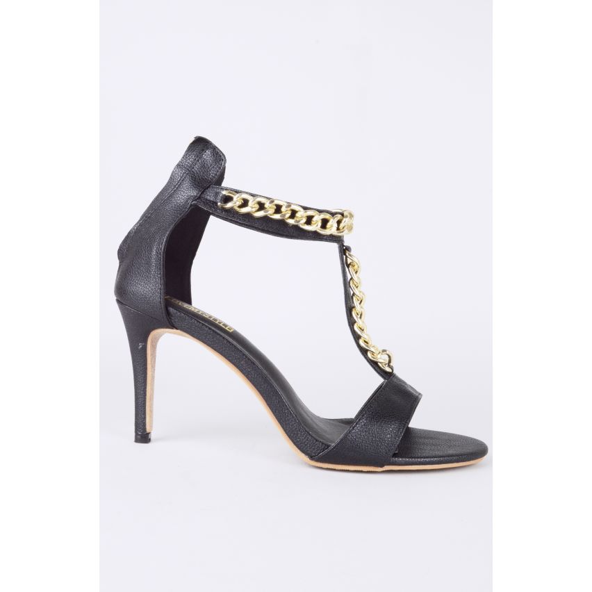 Lovemystyle noir Barely There Heels avec chaine dorée