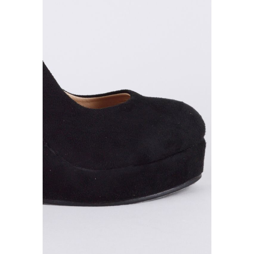 LMS Black Suede Round Toe Court Shoe With Wedge Heel