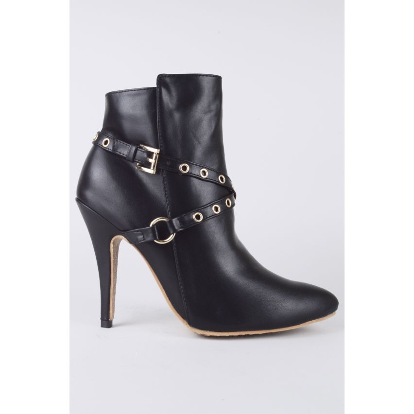 LMS en cuir noir talons bottes cloutées or traversent sangle