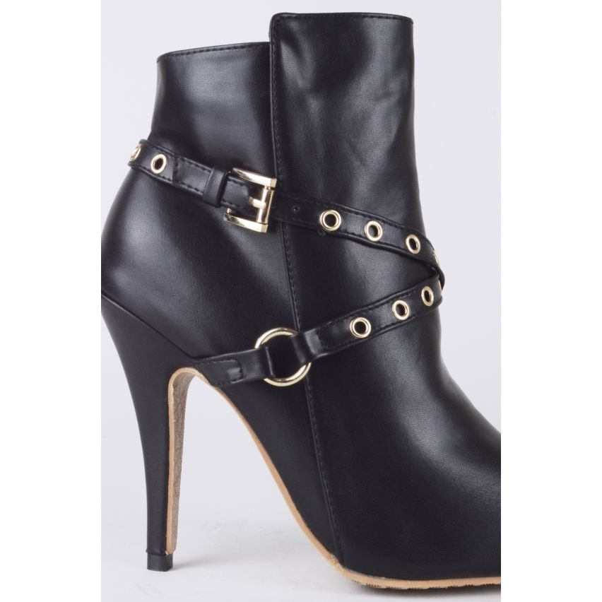 LMS en cuir noir talons bottes cloutées or traversent sangle