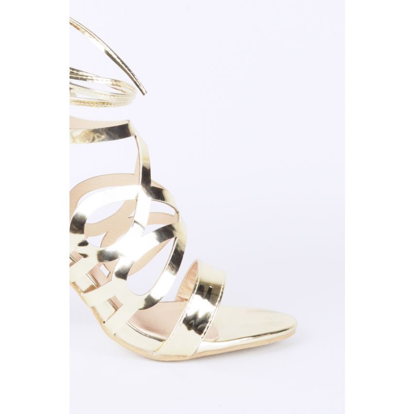 Lovemystyle Gold Caged Heeled Sandals With Tie Ankle