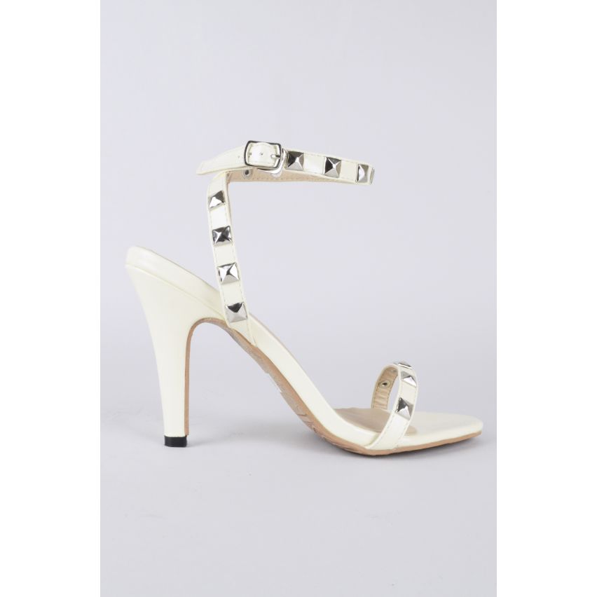 Lovemystyle Studded Barely There Patent Heels In Beige