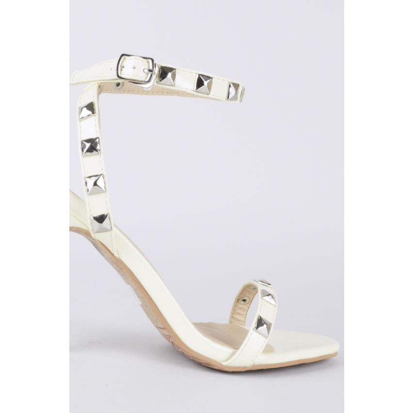 Lovemystyle Studded Barely There Patent Heels In Beige