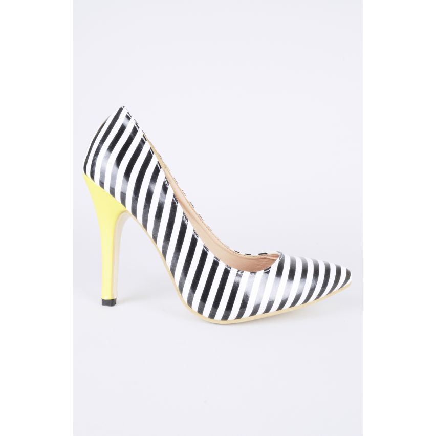 Lovemystyle noir et blanc rayure escarpins avec talon jaune