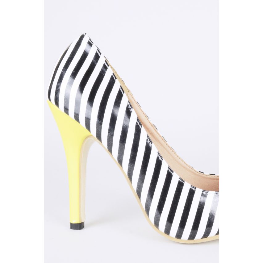 Lovemystyle noir et blanc rayure escarpins avec talon jaune