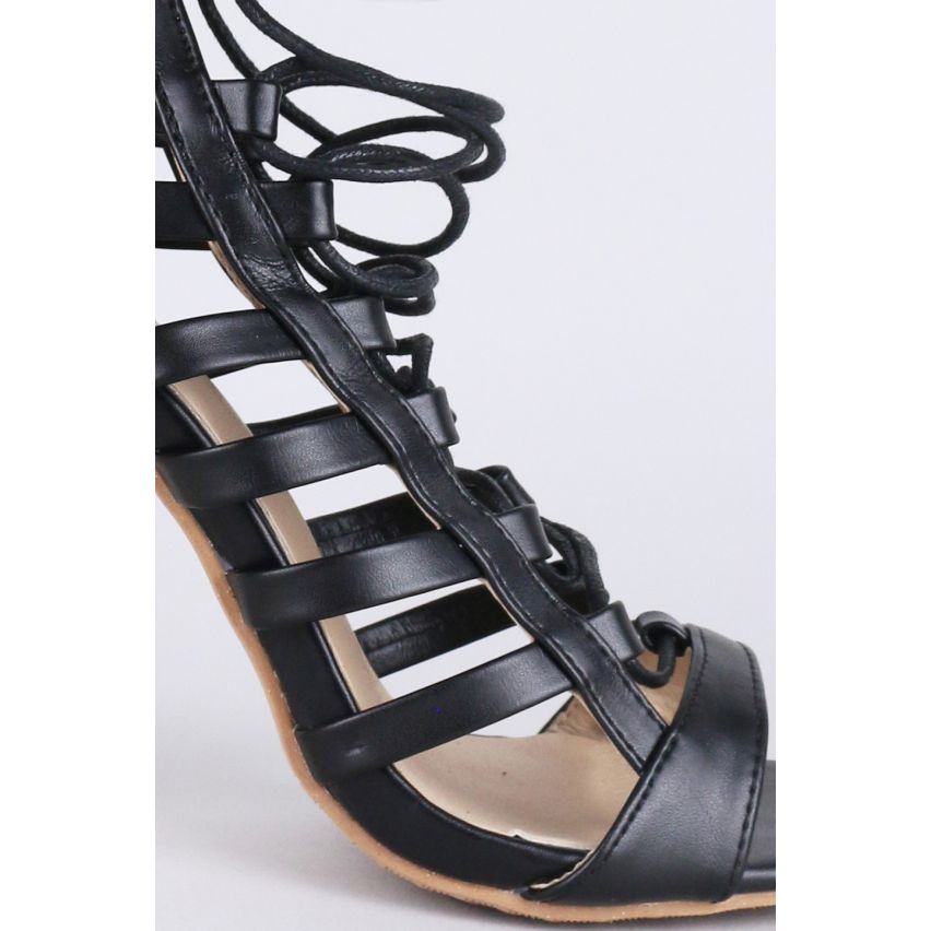 LMS simili-cuir noir lacez vers le haut de la sandale à talons hauts de jambe