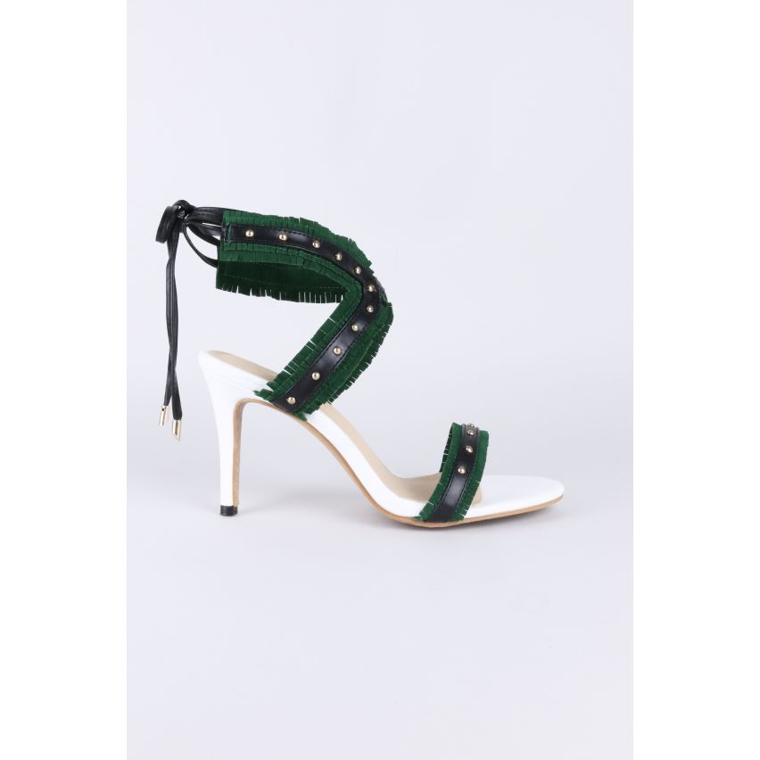 LMS Ankle Lace Heels WIth Green Fringe Straps