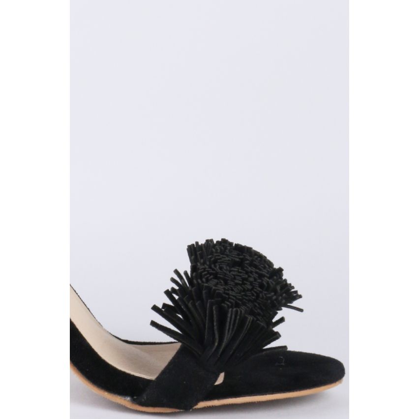 Lovemystyle Fringe Pom Pom Sandal Heels In Black