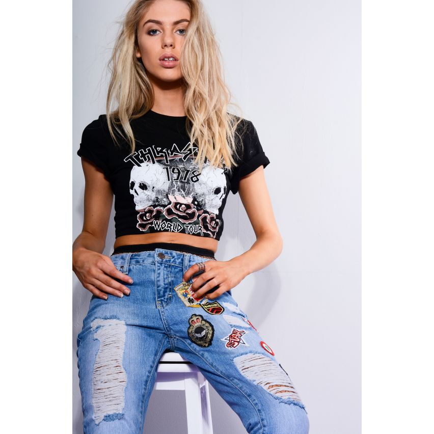 Punkyfish.nl licht blauw Denim Jeans met Patch werken en scheurt