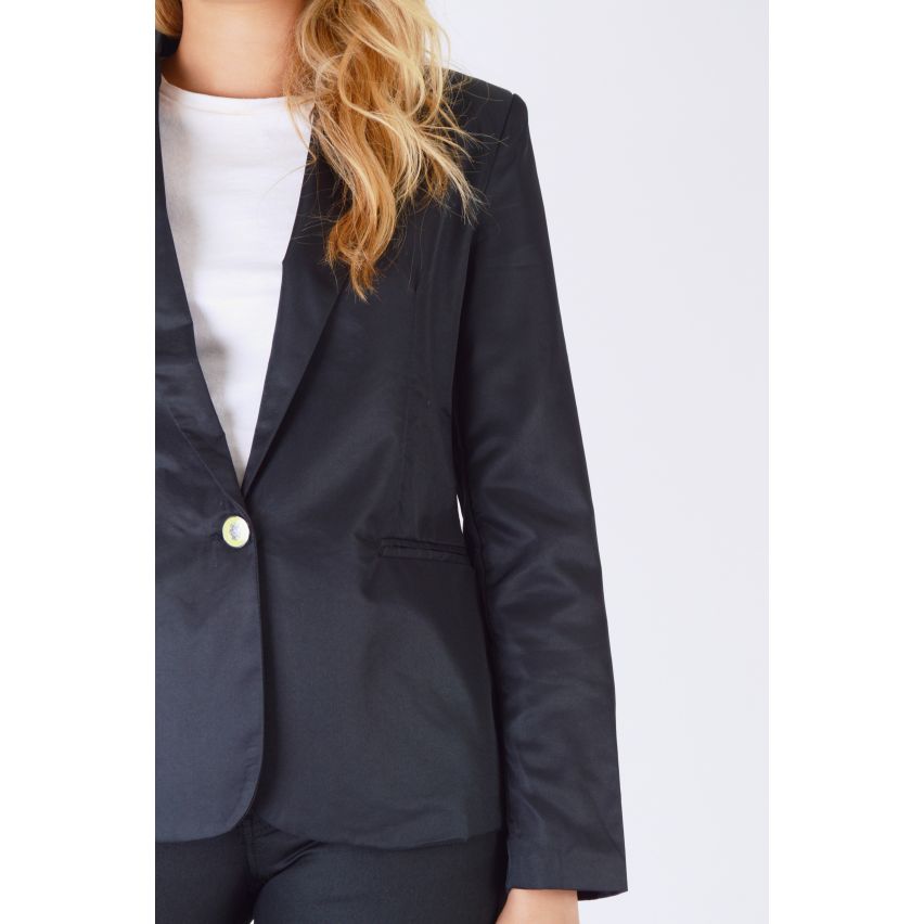 LMS Black Satin Blazer With Yellow Button With Metal Crest