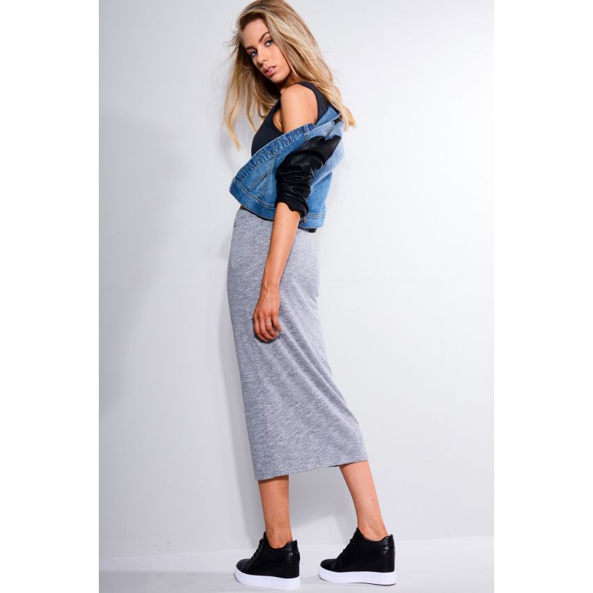 SHN Stretch Fit Midi Skirt In Grey Marl