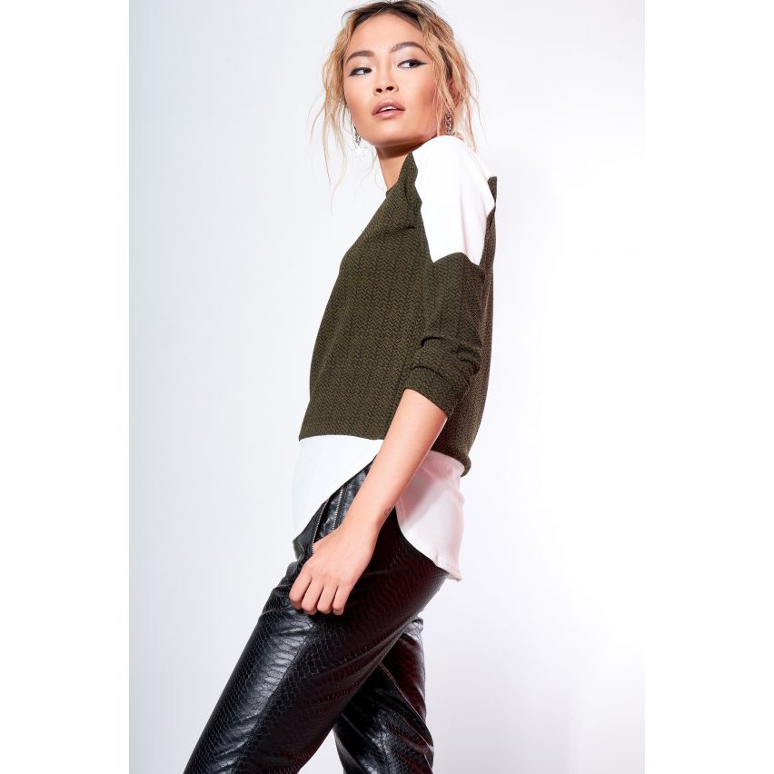 Stil London Khaki abstrakte Shirt Pullover mit Schulter-Detail