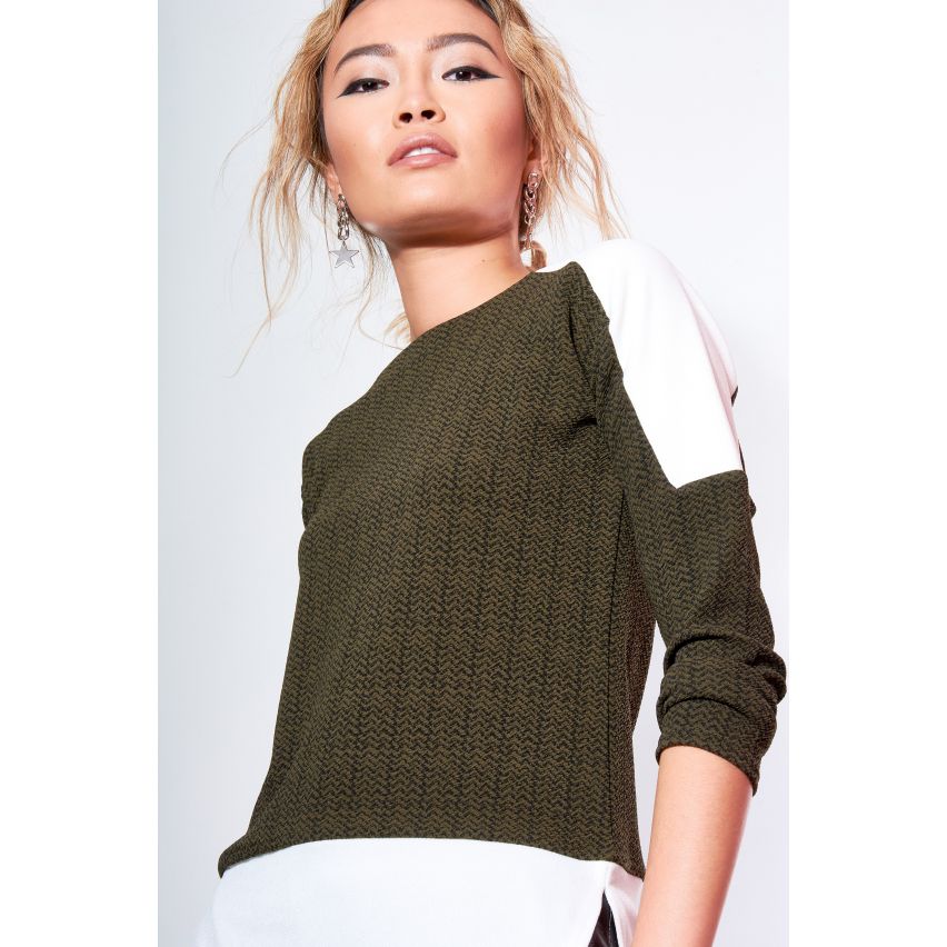 Stil London Khaki abstrakte Shirt Pullover mit Schulter-Detail