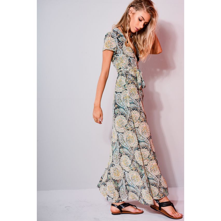 WYLDR Paisley imprimé V Neck robe Maxi avec Split Front