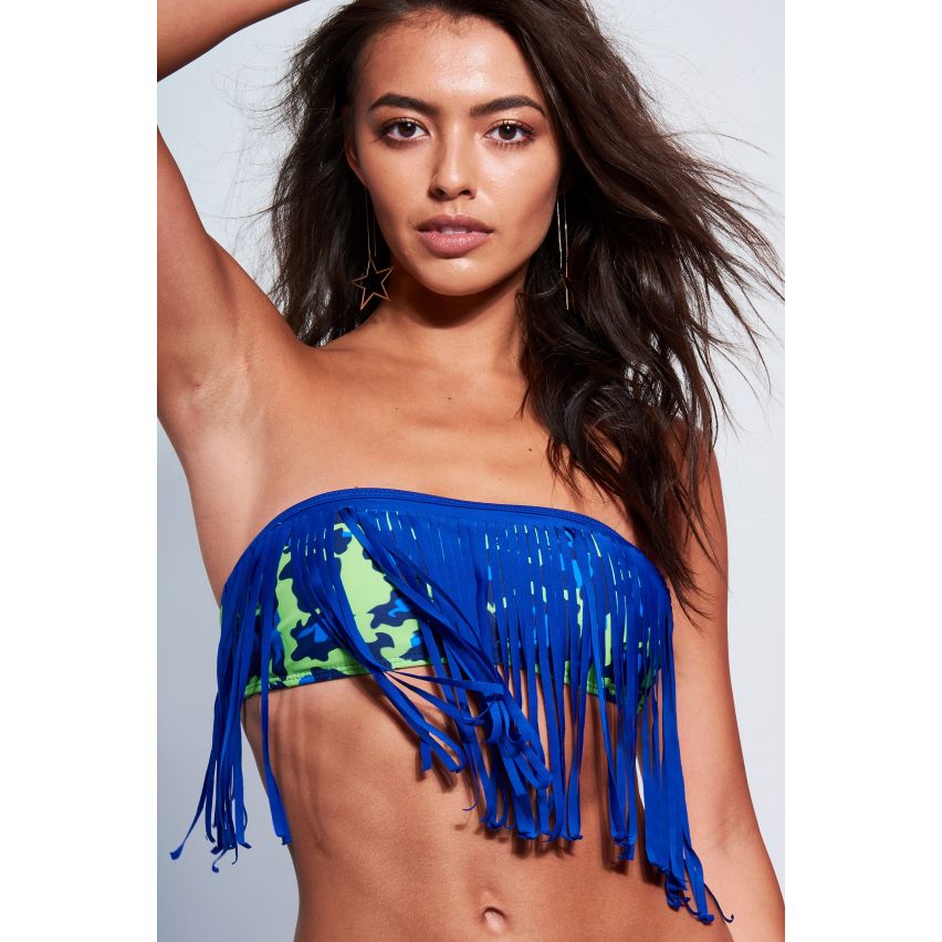 LMS Leopard bustier Bikini imprimé avec frange bleue détail