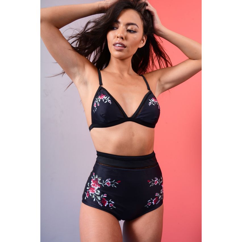 Bikini taille haute noir LMS serti de maille et Detail Floral