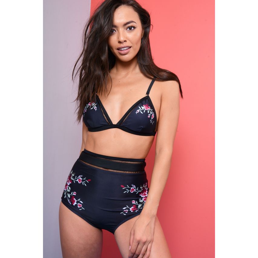 Bikini taille haute noir LMS serti de maille et Detail Floral