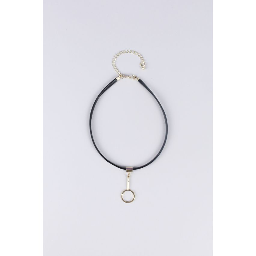 LMS Faux Leather Choker With Chain Clasp And Metal Pendant