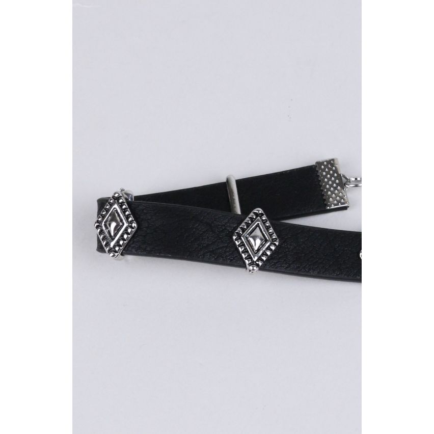 Lovemystyle Black Leather Choker With Pewter Diamonds