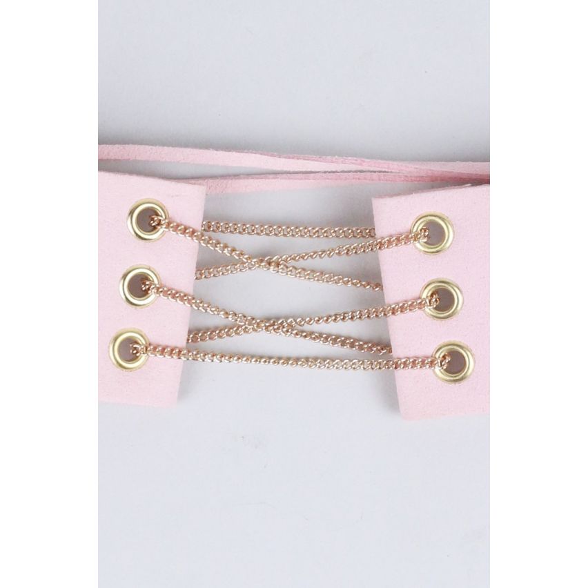 Lovemystyle Pink Suede Choker With Gold Lace Up Detail