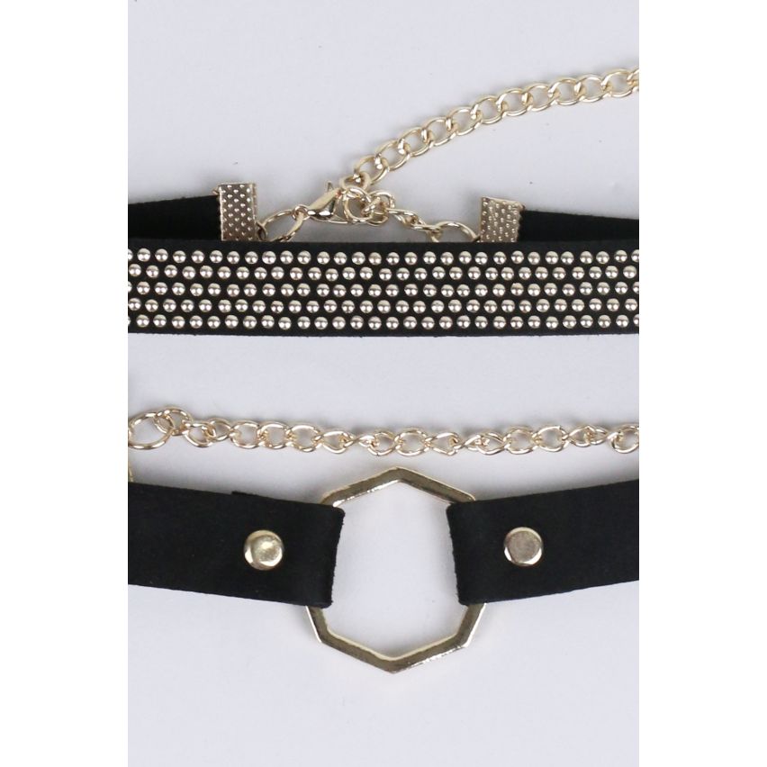 Lovemystyle Studded And Hexagon Double Choker Set