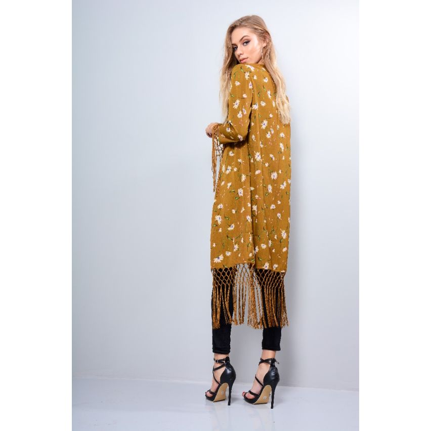 LMS Mustard Kimono With Floral Print And Tassel Hem 