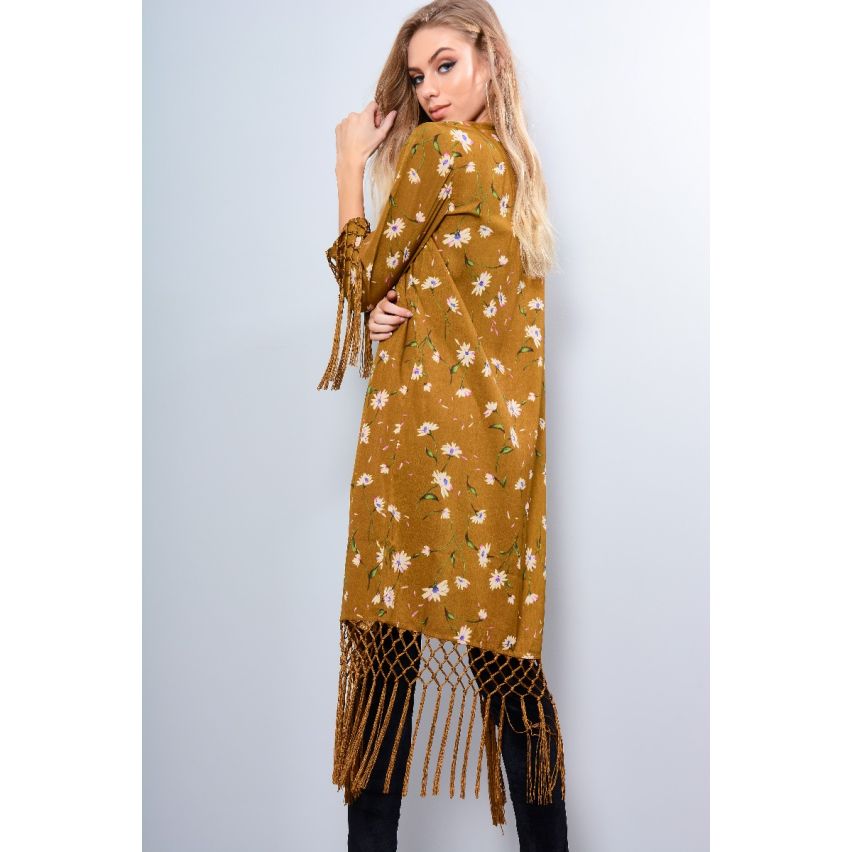 LMS Senf gelb Kimono mit Blumendruck mit Quaste Saum