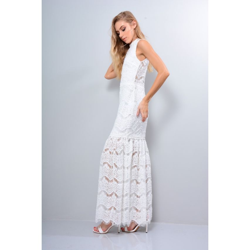 Lovemystyle blanc au Crochet Maxi robe avec Collier Tour de cou