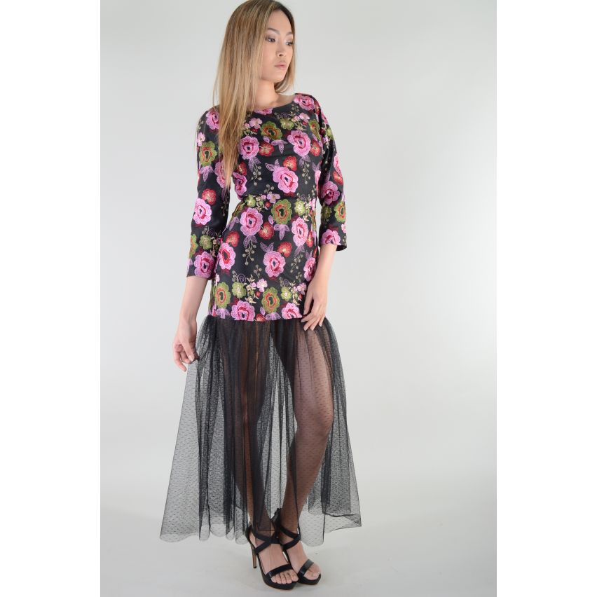 Lovemystyle Floral Embroidered Black Dress With Net Skirt - SAMPLE