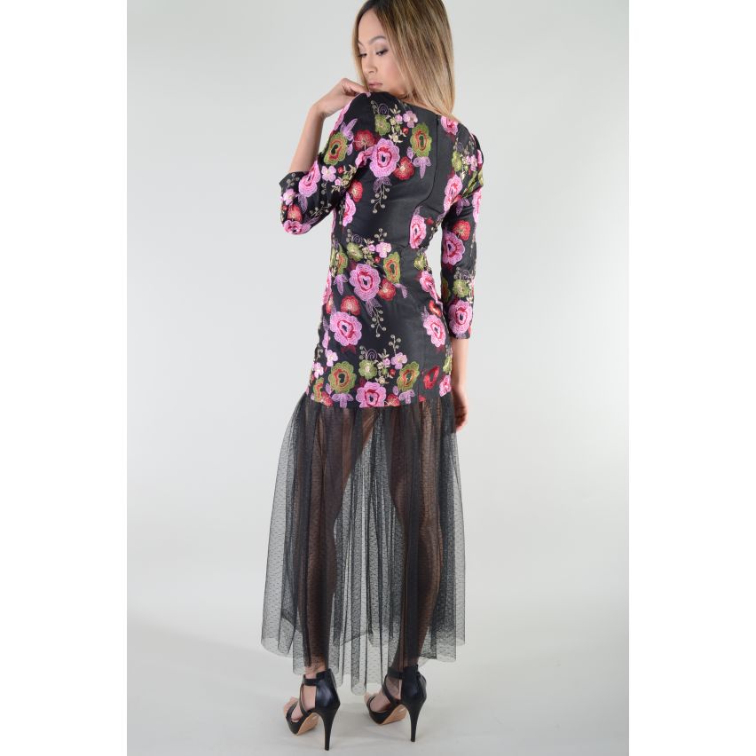 Lovemystyle Floral robe noire brodée avec jupe Net