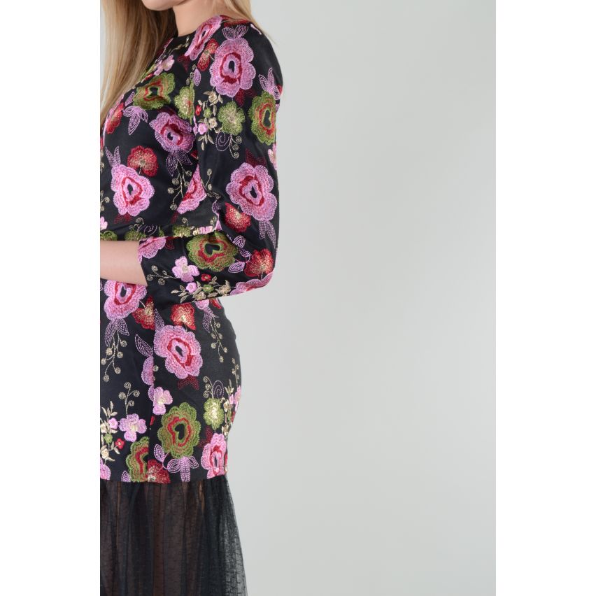 Lovemystyle Floral robe noire brodée avec jupe Net