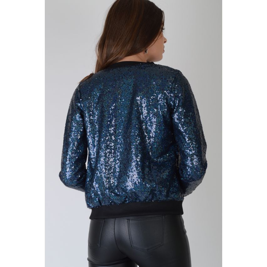 Lovemystyle All Over Sequin Navy Blue Bomber Jacket - SAMPLE