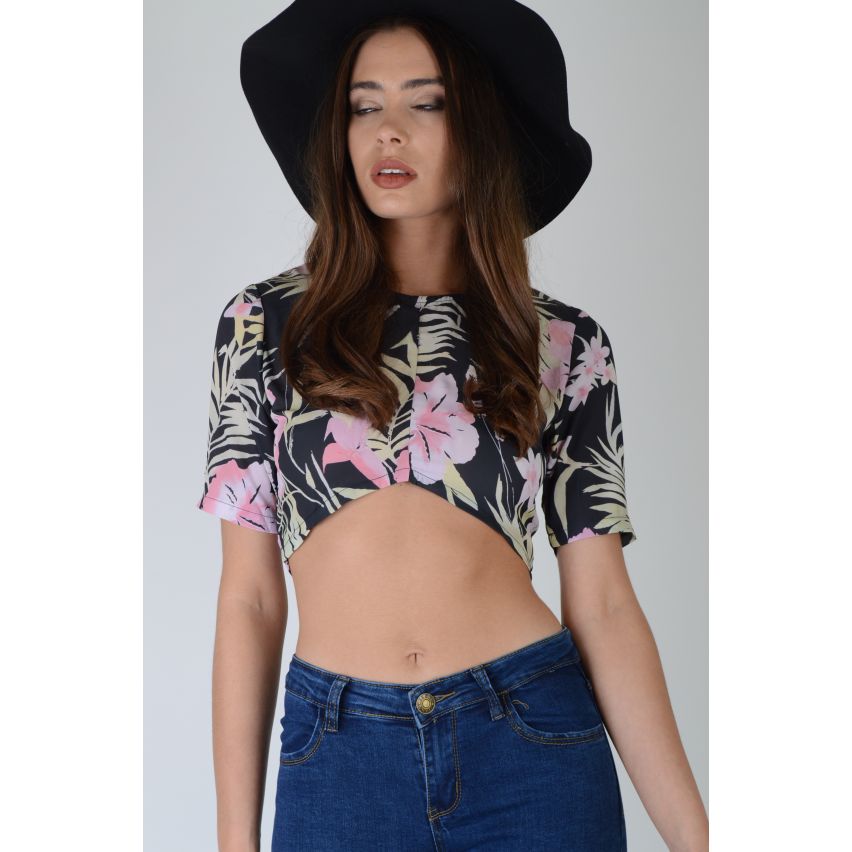 Lovemystyle Tropical imprimé T-Shirt Crop Top avec Zip arrière