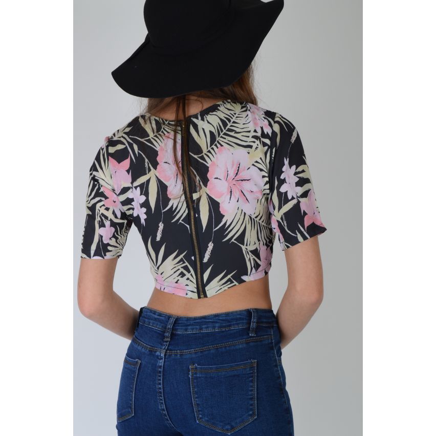 Lovemystyle Tropical imprimé T-Shirt Crop Top avec Zip arrière