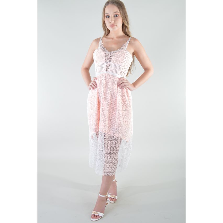 Lovemystyle Crochet Midi Net robe en rose et blanc