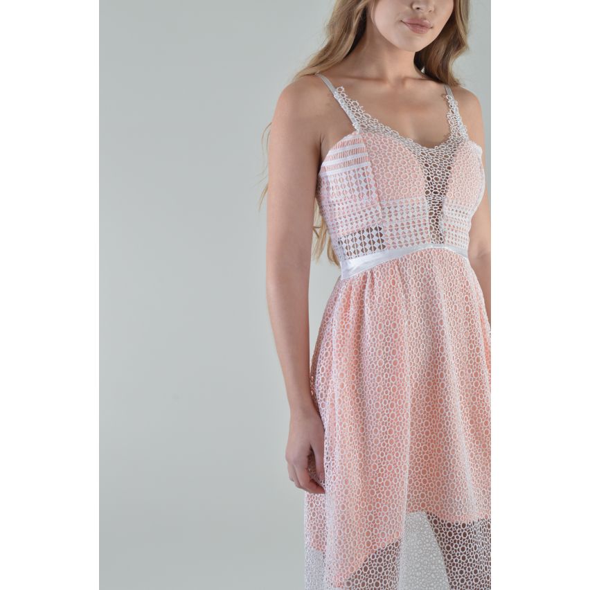 Lovemystyle Crochet Midi Net robe en rose et blanc