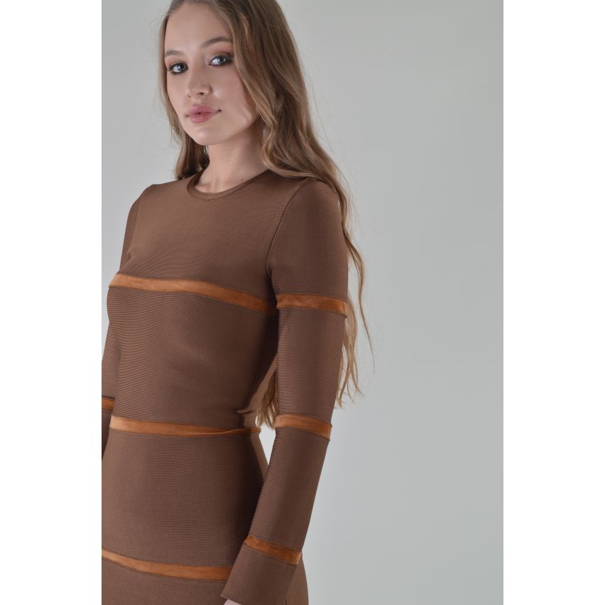 LMS Long Sleeve Velvet Panel Bandage Dress In Brown - SAMPLE