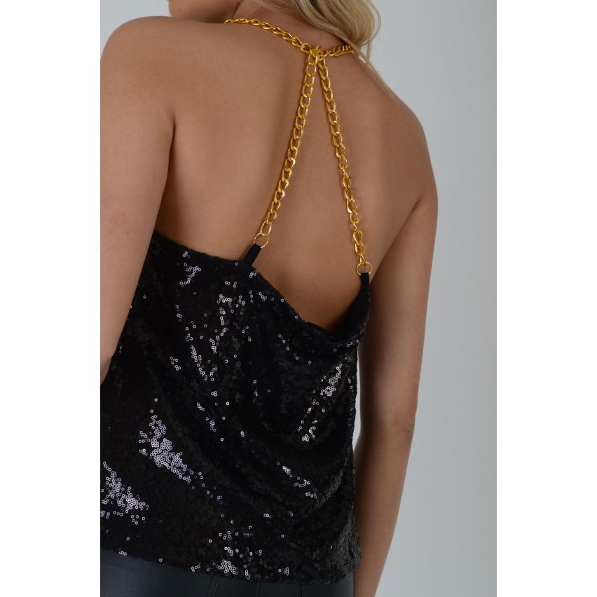 Lovemystyle Black Sequin Vest With Gold Chain Detail