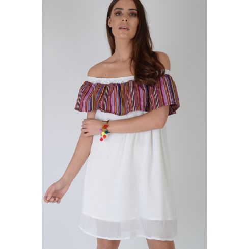 LMS Off The Shoulder White Double Layer Dress With Stripe Frill